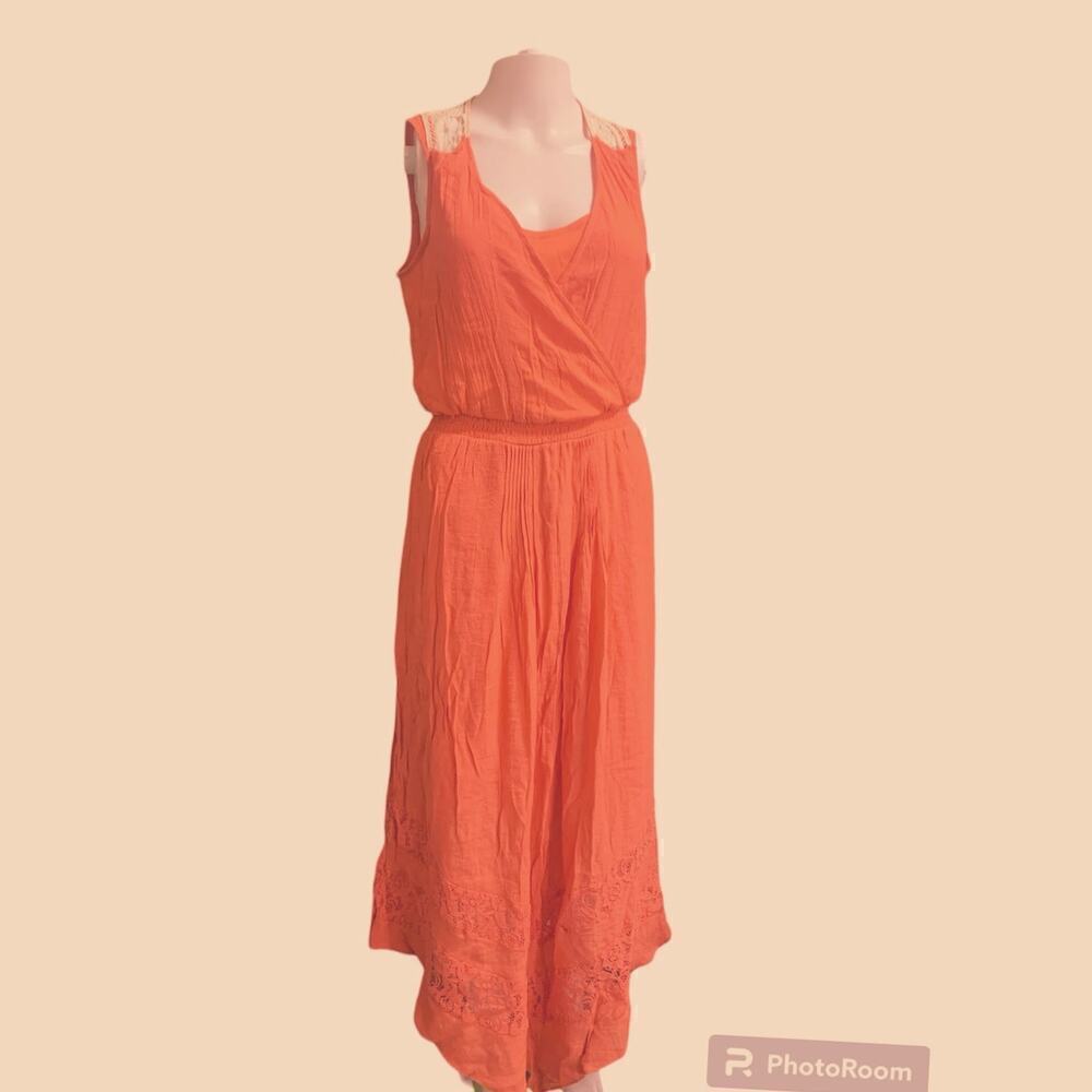 NY Collection Women's Size Small Dress Orange Sleeveless Cinch Waist Lace Back